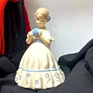 Vintage Ceramic Girl Figurine with Blue Flowers